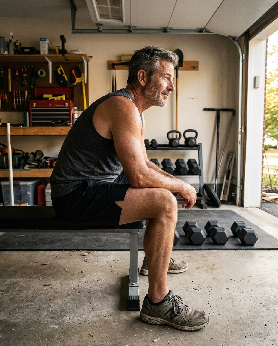 Man training in garage with weights